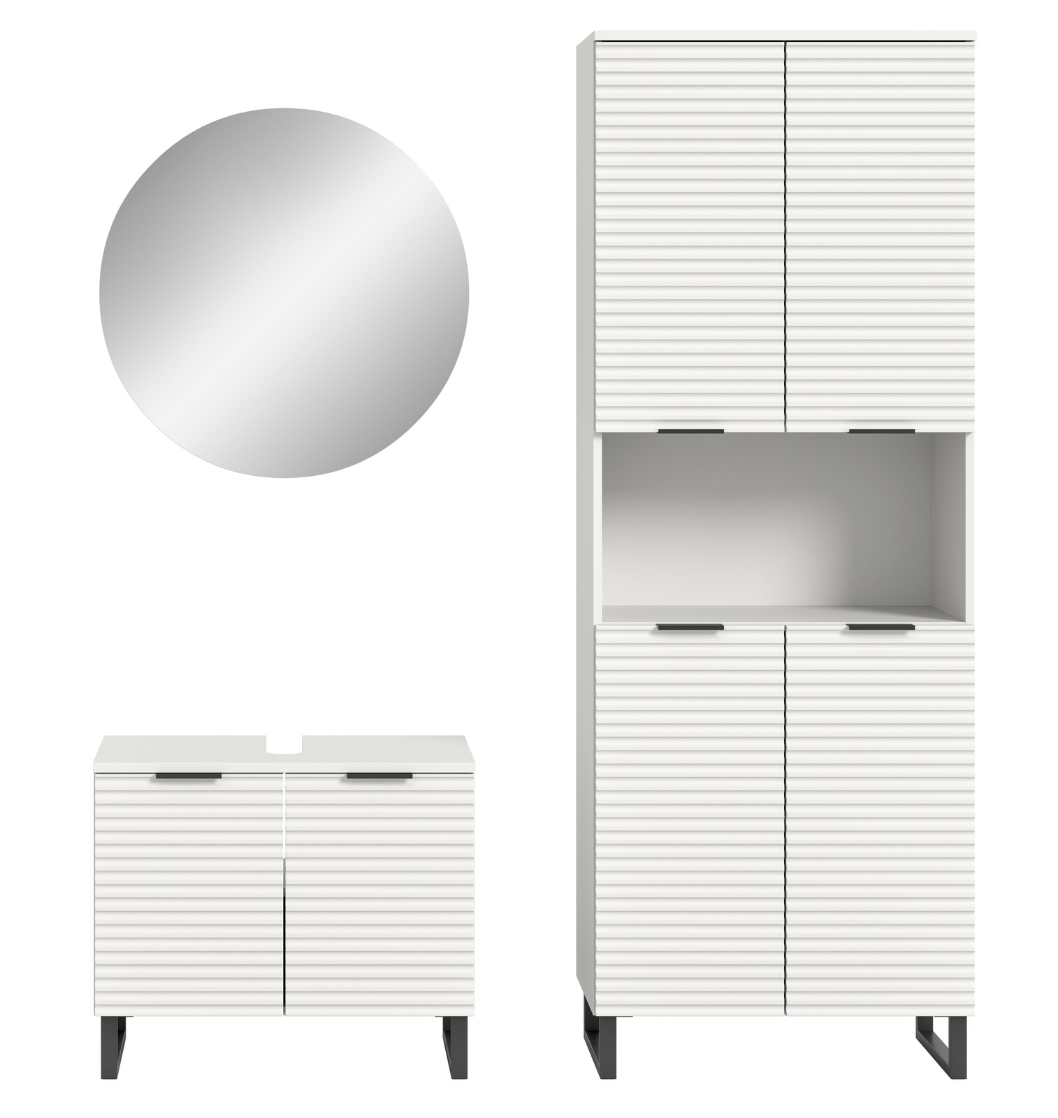 Badkombination bestehend aus einem runden Spiegel, einem niedrigen Unterschrank und einem hohen Hochschrank mit gerillten weißen Fronten, frontal betrachtet.