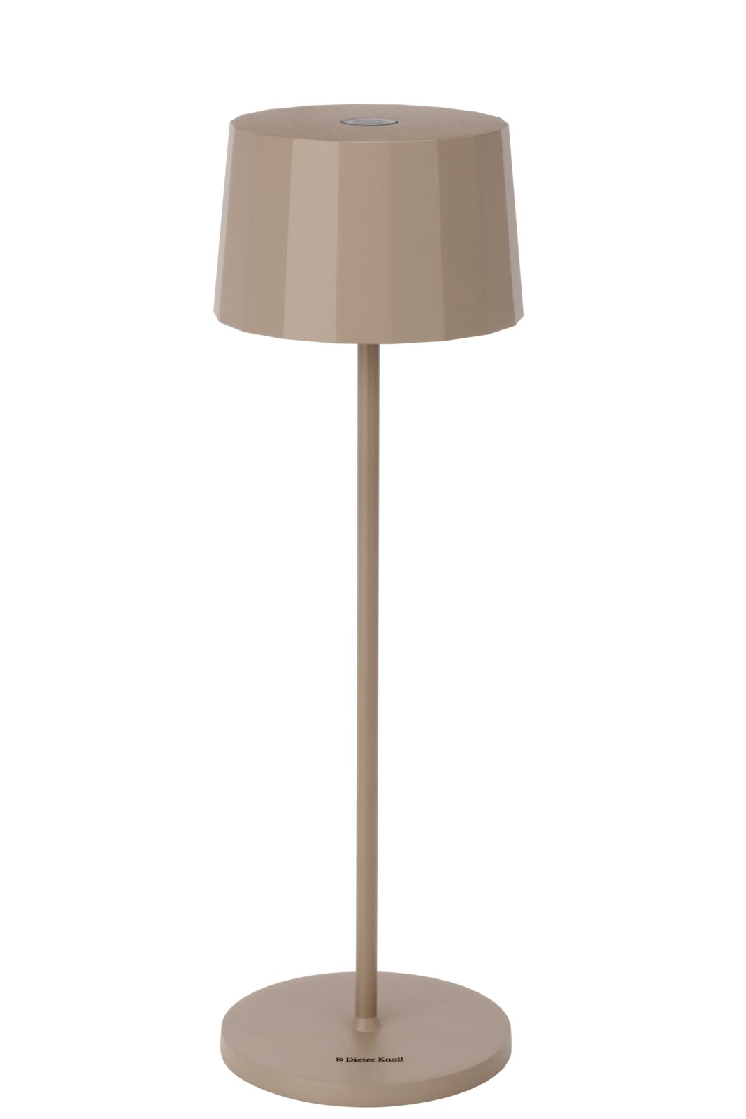 Moderne accu-tafellamp in beige, hier van voren afgebeeld met een cilindervormige kap en een slanke voet.