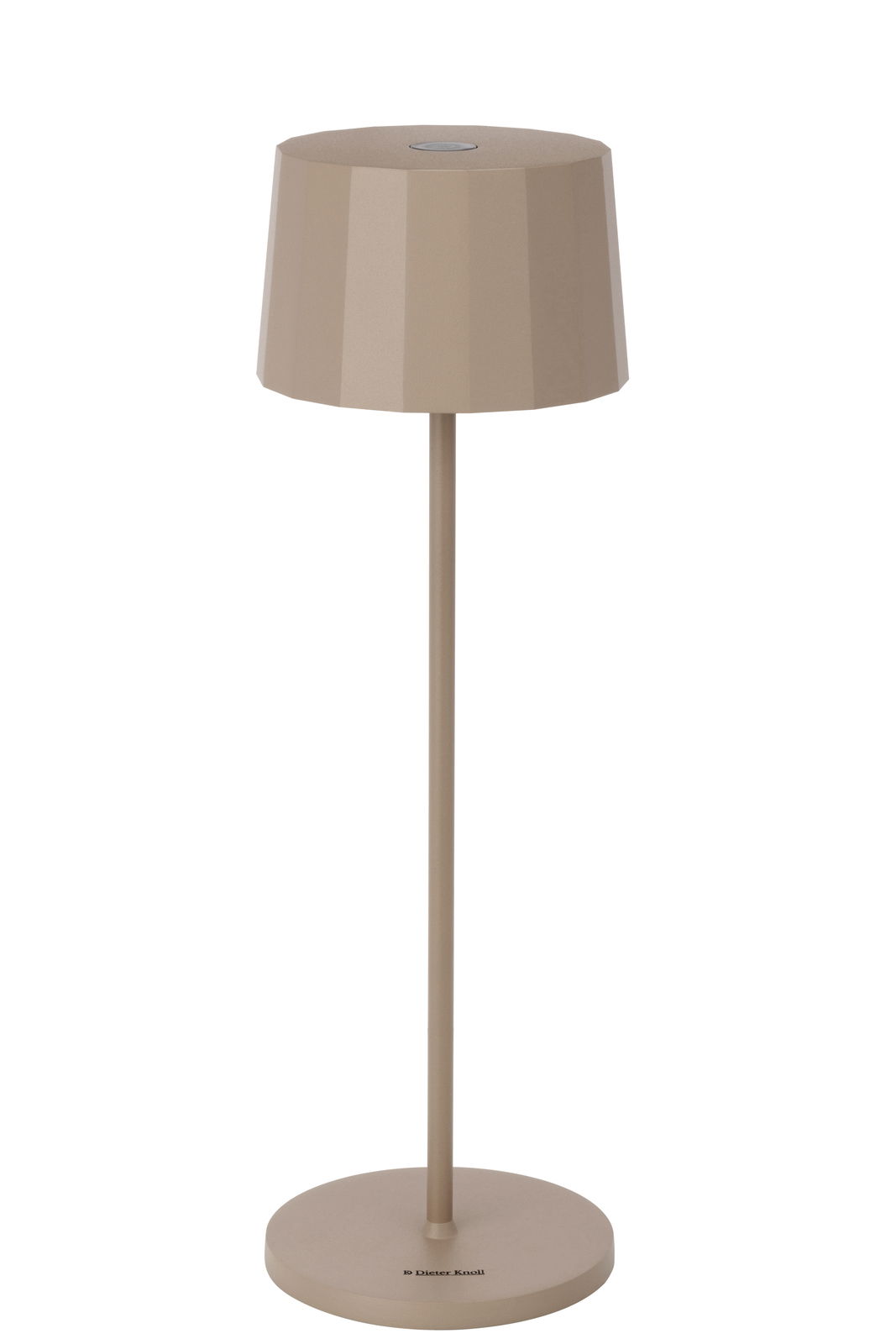 Moderne Akku-Tischleuchte in Beige, frontal abgebildet mit zylindrischem Schirm und schlankem Standfuß.