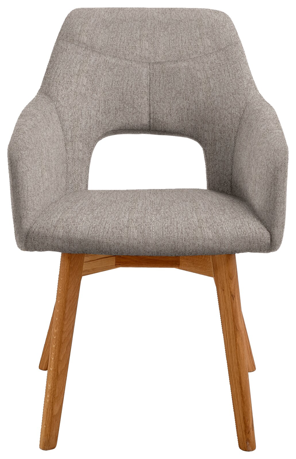 Grauer Sessel mit Holzbeinen, Frontalansicht
