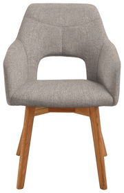 Grauer Sessel mit Holzbeinen, Frontalansicht