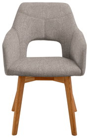 Grauer Sessel mit Holzbeinen, Frontalansicht