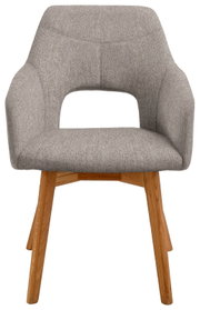 Grauer Sessel mit Holzbeinen, Frontalansicht