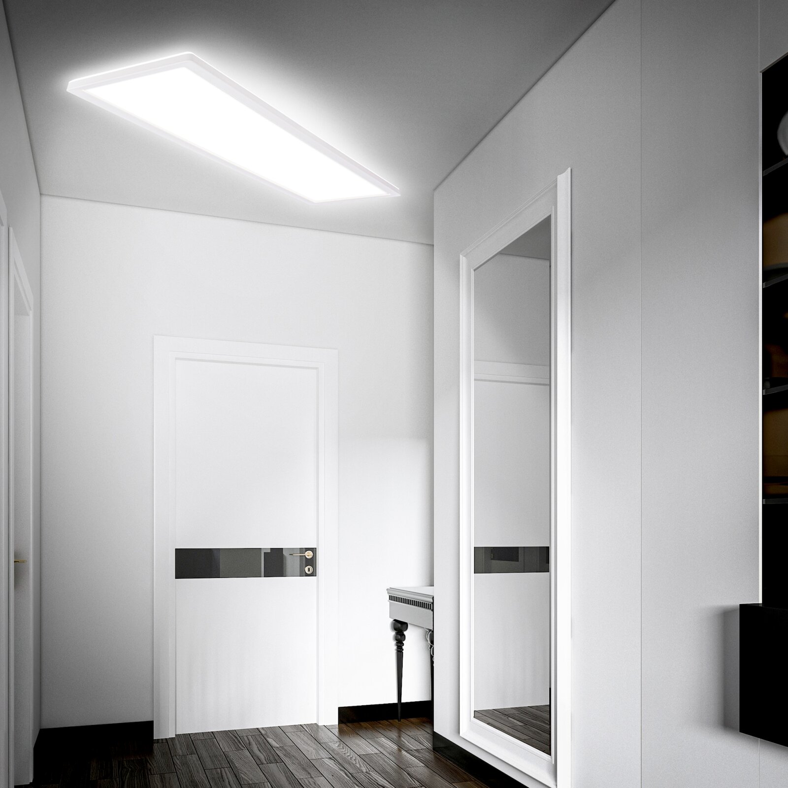 Briloner LED-paneel MOVE Rechthoekige LED plafondlamp in een moderne witte hal, gezien vanuit een laag standpunt schuin omhoog