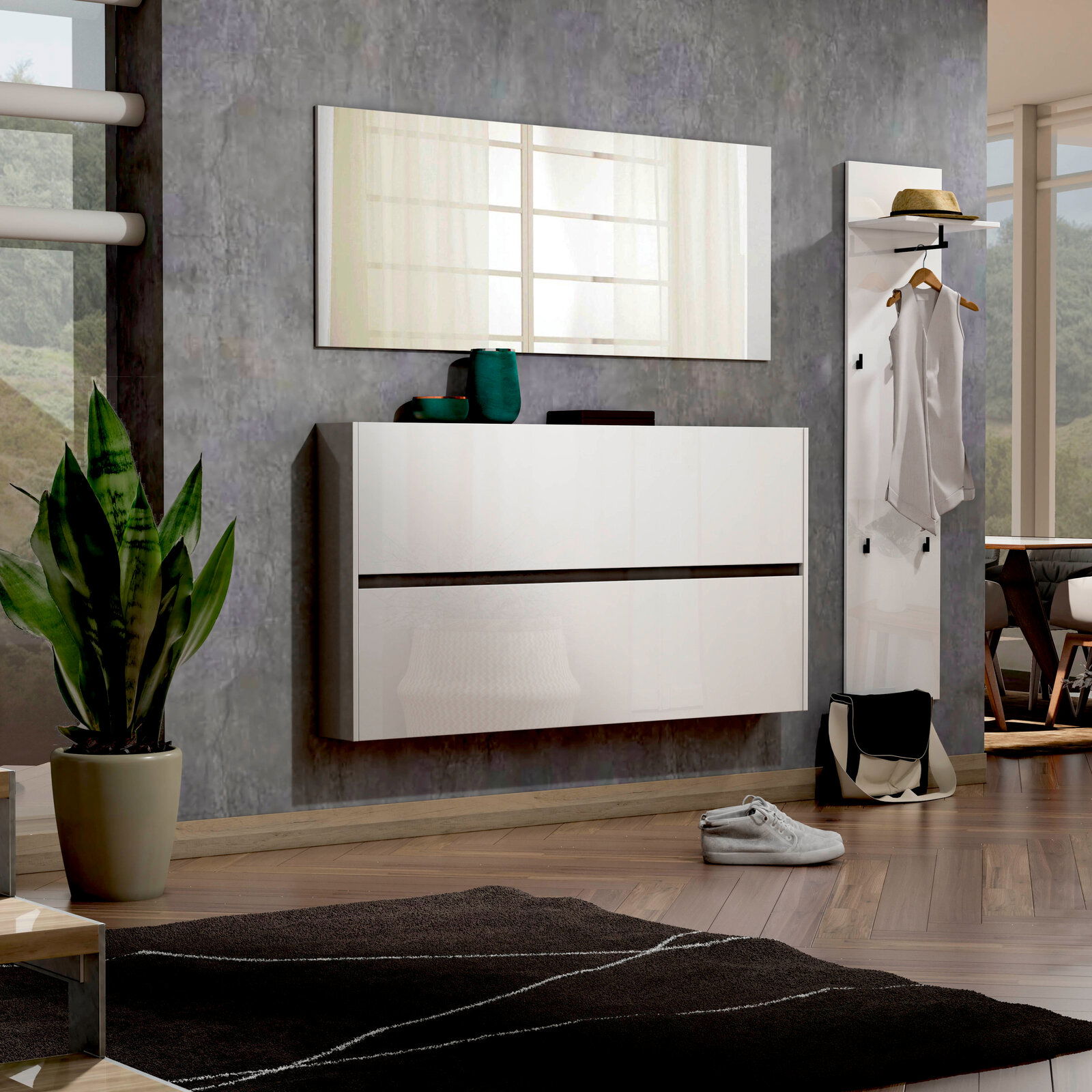 XORA XL-Spiegel IDEA Moderner XL-Spiegel in einem stilvollen Raum, an der Wand über einem weißen Schrank montiert, mit seitlicher Perspektive.