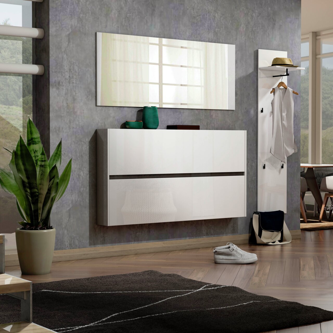 XORA XL-Spiegel IDEA Moderner XL-Spiegel in einem stilvollen Raum, an der Wand über einem weißen Schrank montiert, mit seitlicher Perspektive.