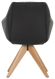 Rückansicht eines schwarzen Armlehnstuhls mit Holzbeinen