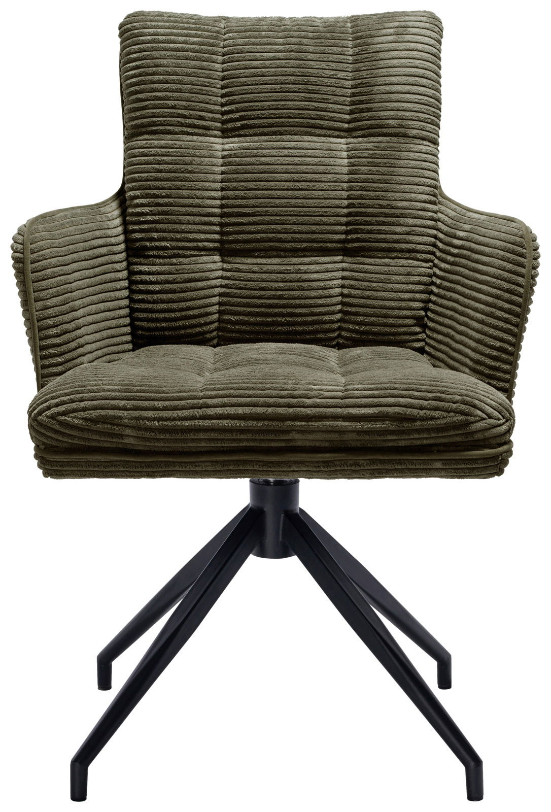 Grüner Armlehnstuhl mit geripptem Stoffbezug und schwarzem Metallgestell, Frontalansicht