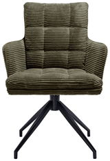 Grüner Armlehnstuhl mit geripptem Stoffbezug und schwarzem Metallgestell, Frontalansicht