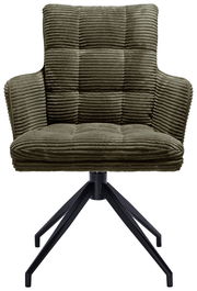 Grüner Armlehnstuhl mit geripptem Stoffbezug und schwarzem Metallgestell, Frontalansicht