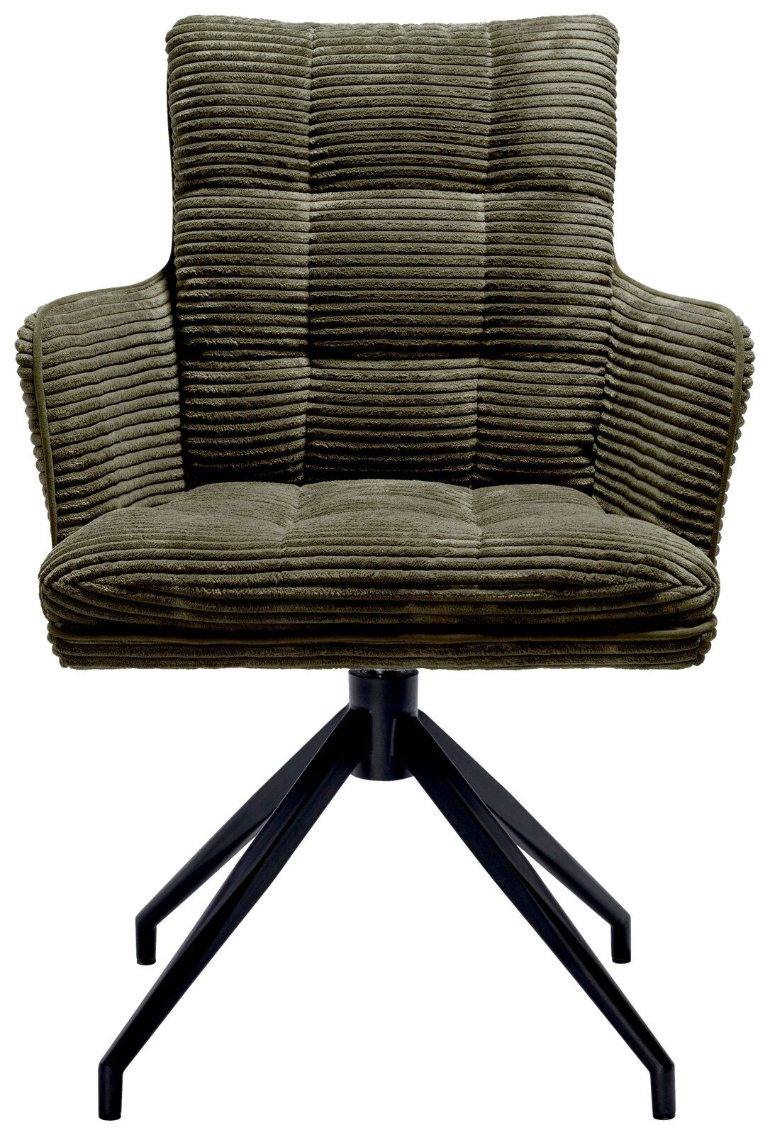 Grüner Armlehnstuhl mit geripptem Stoffbezug und schwarzem Metallgestell, Frontalansicht