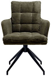 Grüner Armlehnstuhl mit geripptem Stoffbezug und schwarzem Metallgestell, Frontalansicht