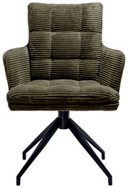 Grüner Armlehnstuhl mit geripptem Stoffbezug und schwarzem Metallgestell, Frontalansicht