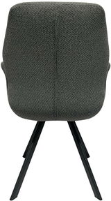 Rückansicht eines modernen Sessels mit grauem Stoffbezug und schwarzen Metallbeinen.