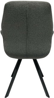 Rückansicht eines modernen Sessels mit grauem Stoffbezug und schwarzen Metallbeinen.