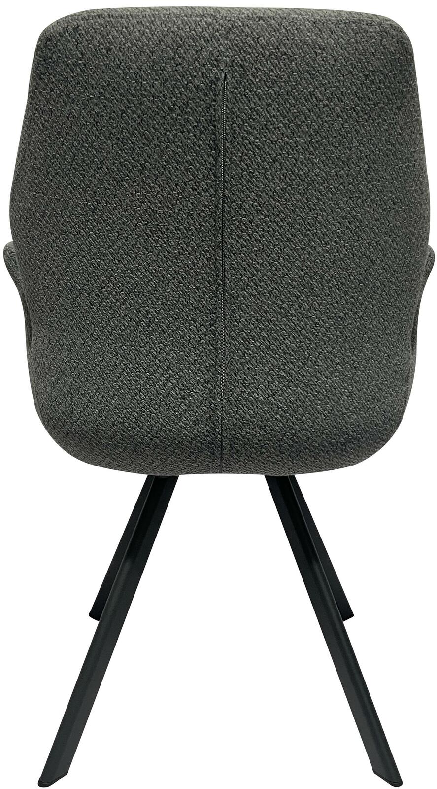 Rückansicht eines modernen Sessels mit grauem Stoffbezug und schwarzen Metallbeinen.
