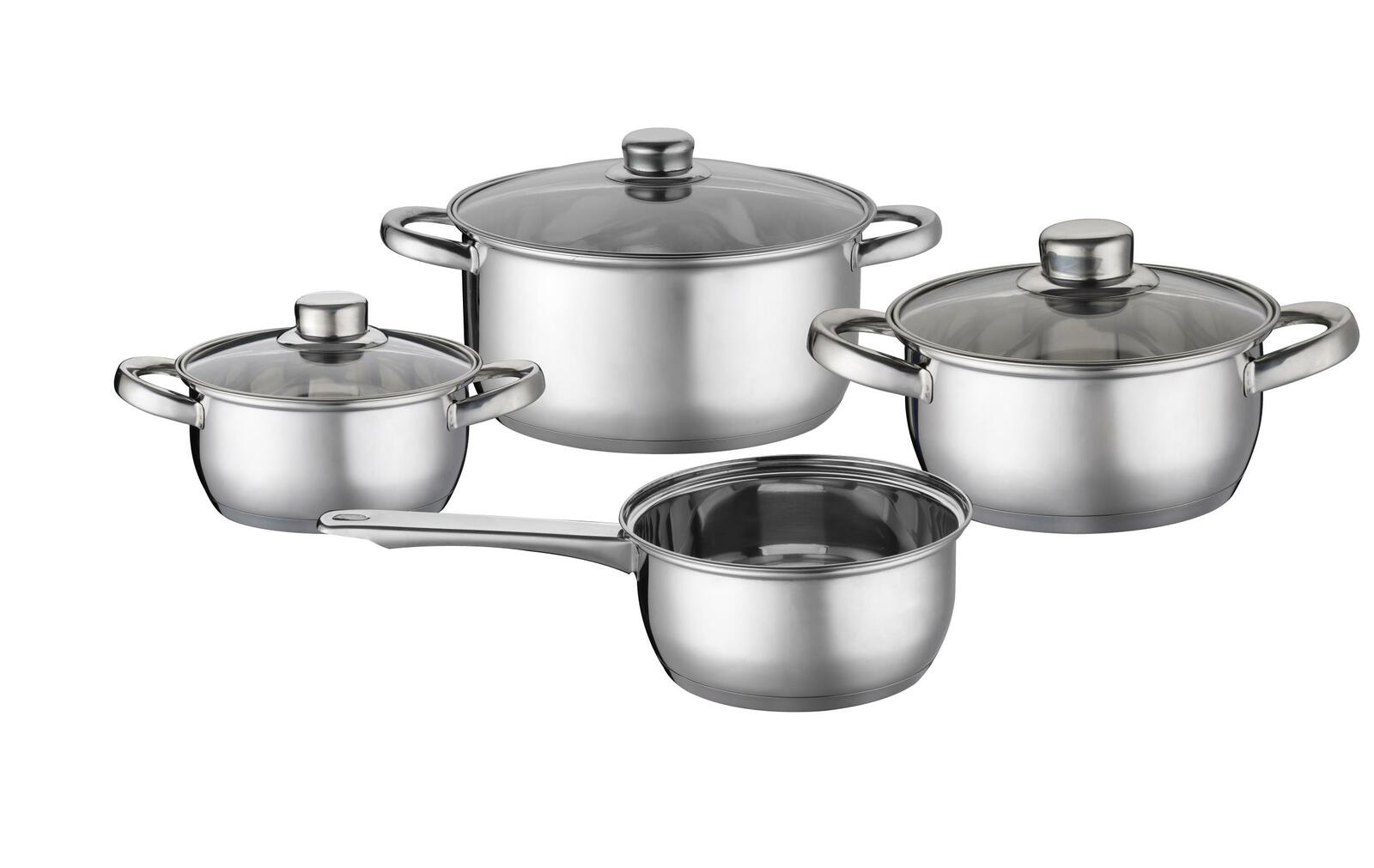 Vier-teiliges Kochtopfset aus Edelstahl mit Glasdeckeln, seitliche Perspektive