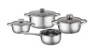 Vier-teiliges Kochtopfset aus Edelstahl mit Glasdeckeln, seitliche Perspektive