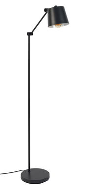 Schwarze Stehleuchte mit verstellbarem Arm und rundem Lampenschirm, seitliche Perspektive