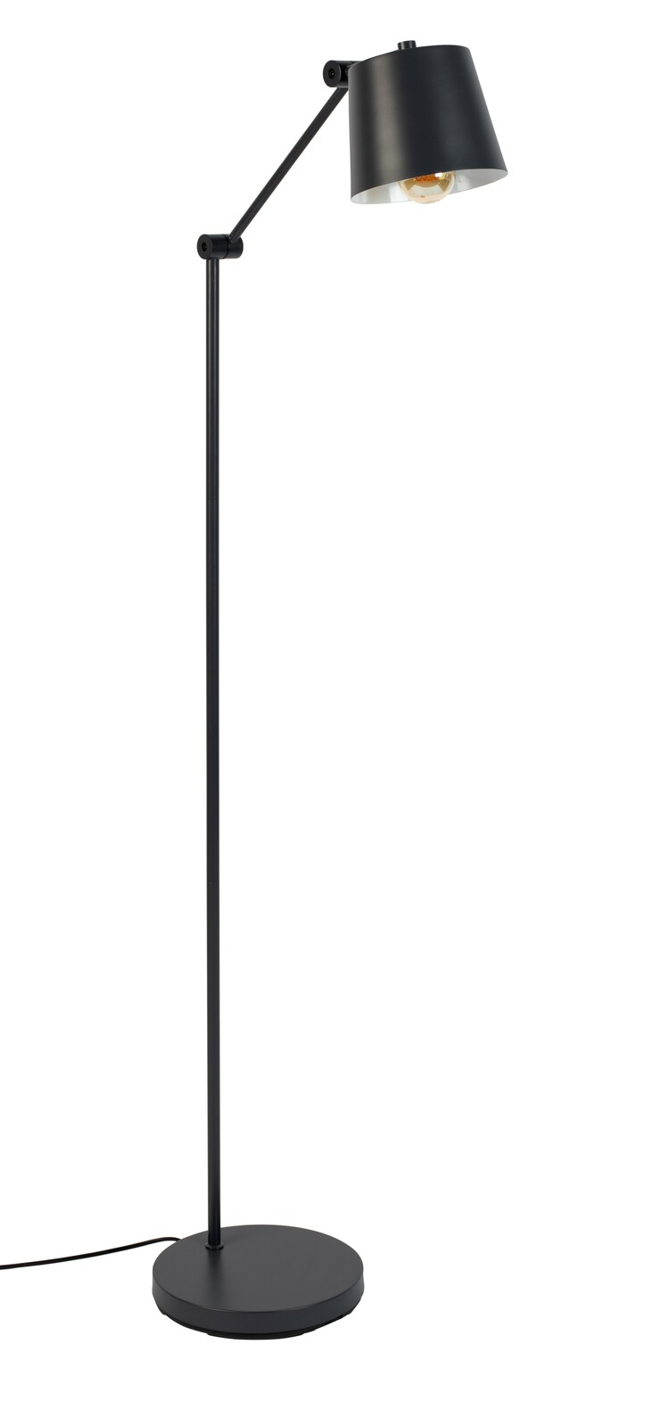 Schwarze Stehleuchte mit verstellbarem Arm und rundem Lampenschirm, seitliche Perspektive