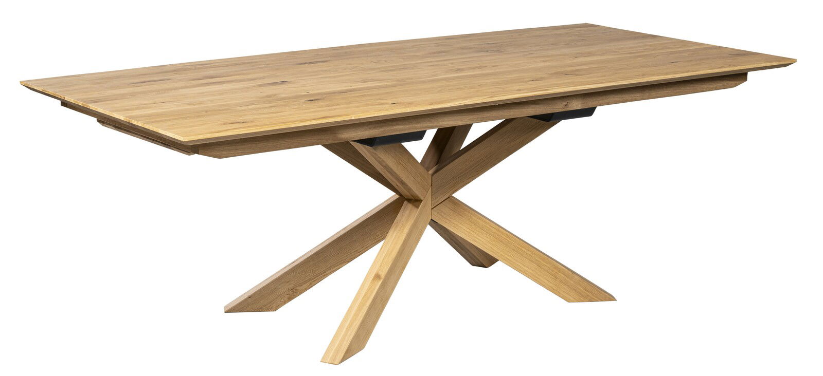 Holzesstisch mit Kreuzfußgestell, seitliche Perspektive