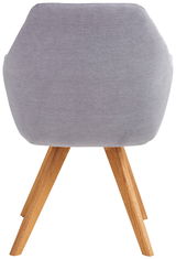 Rückansicht eines Sessels mit grauem Stoffbezug und Holzbeinen