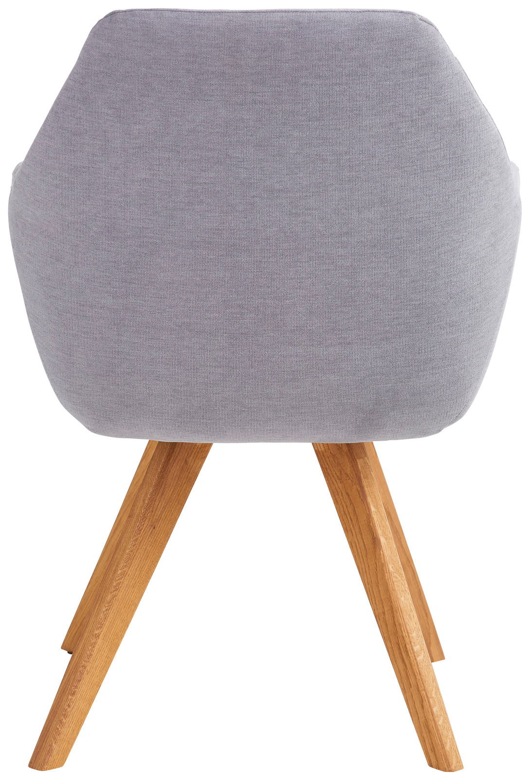 Rückansicht eines Sessels mit grauem Stoffbezug und Holzbeinen