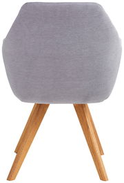 Rückansicht eines Sessels mit grauem Stoffbezug und Holzbeinen