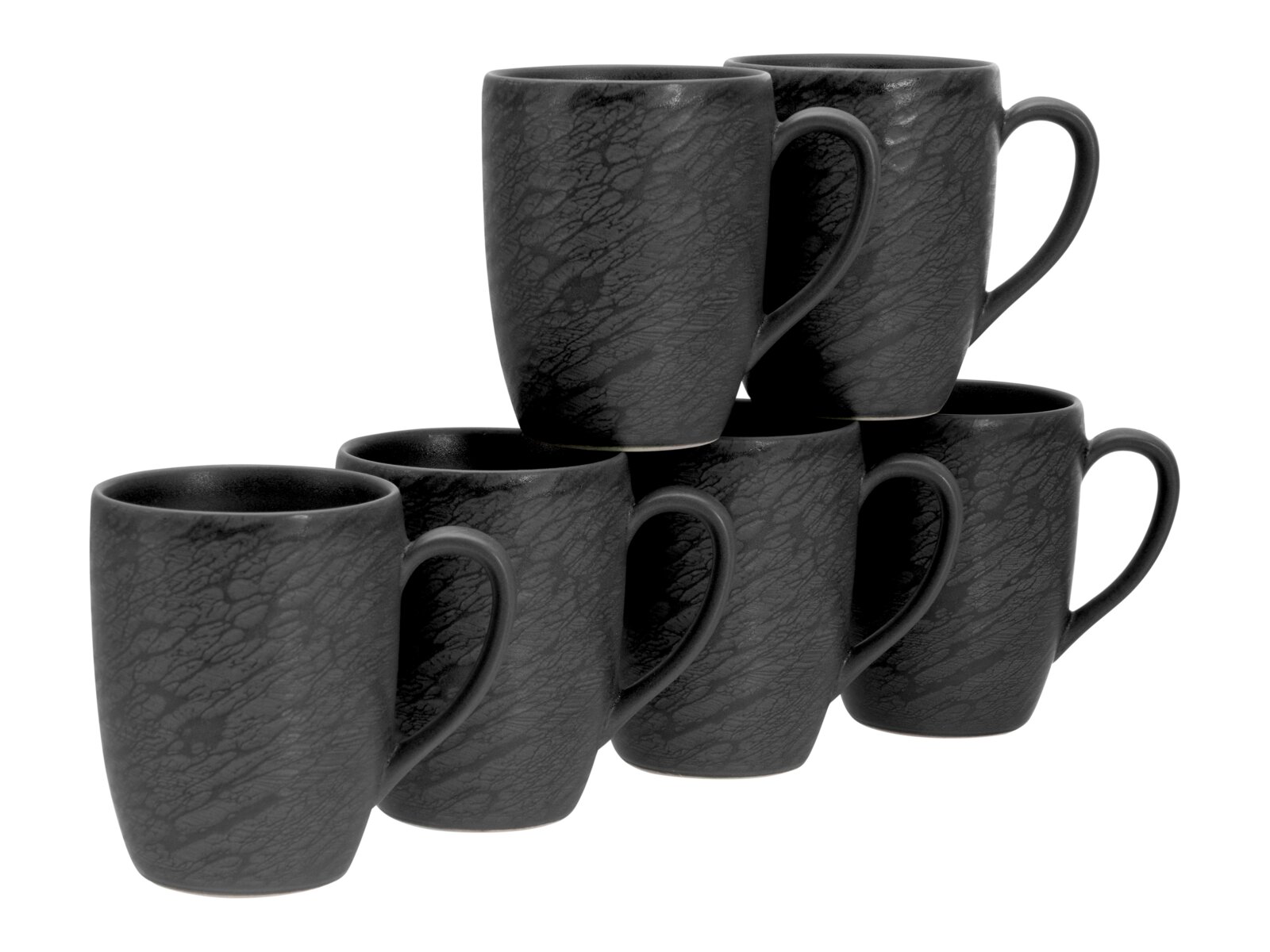 Creatable Kaffeebecher 6-tlg SCHIEFER Fünf schwarze Keramik-Kaffeebecher mit marmorierter Struktur, schräg gestapelt, Produktansicht schräg von vorn auf weißem Hintergrund