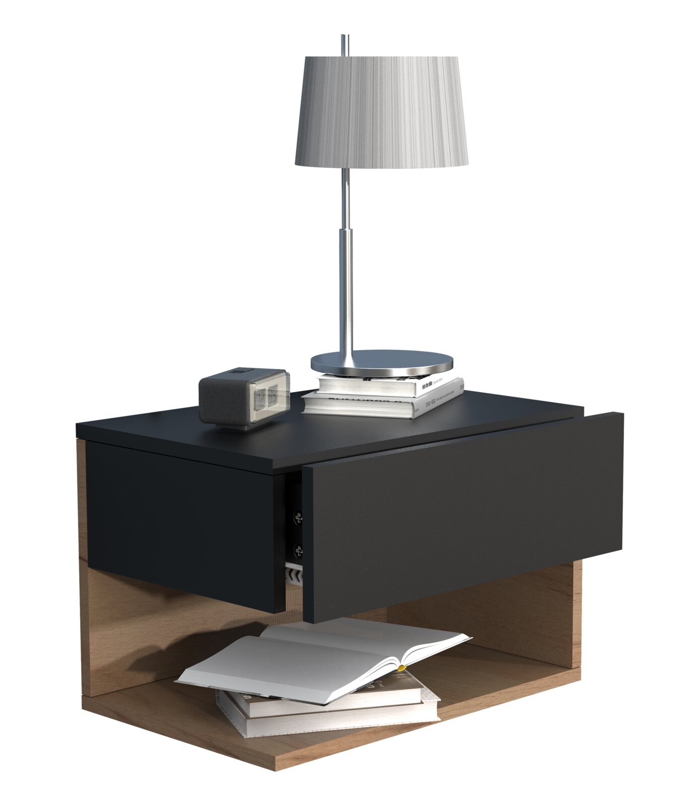 Moderner Nachttisch in Schwarz mit Holzrahmen, teils geöffneter Schublade und Ablagefach mit Büchern, darauf eine silberne Tischlampe und ein kleiner Wecker, Ansicht schräg von vorne leicht erhöht.