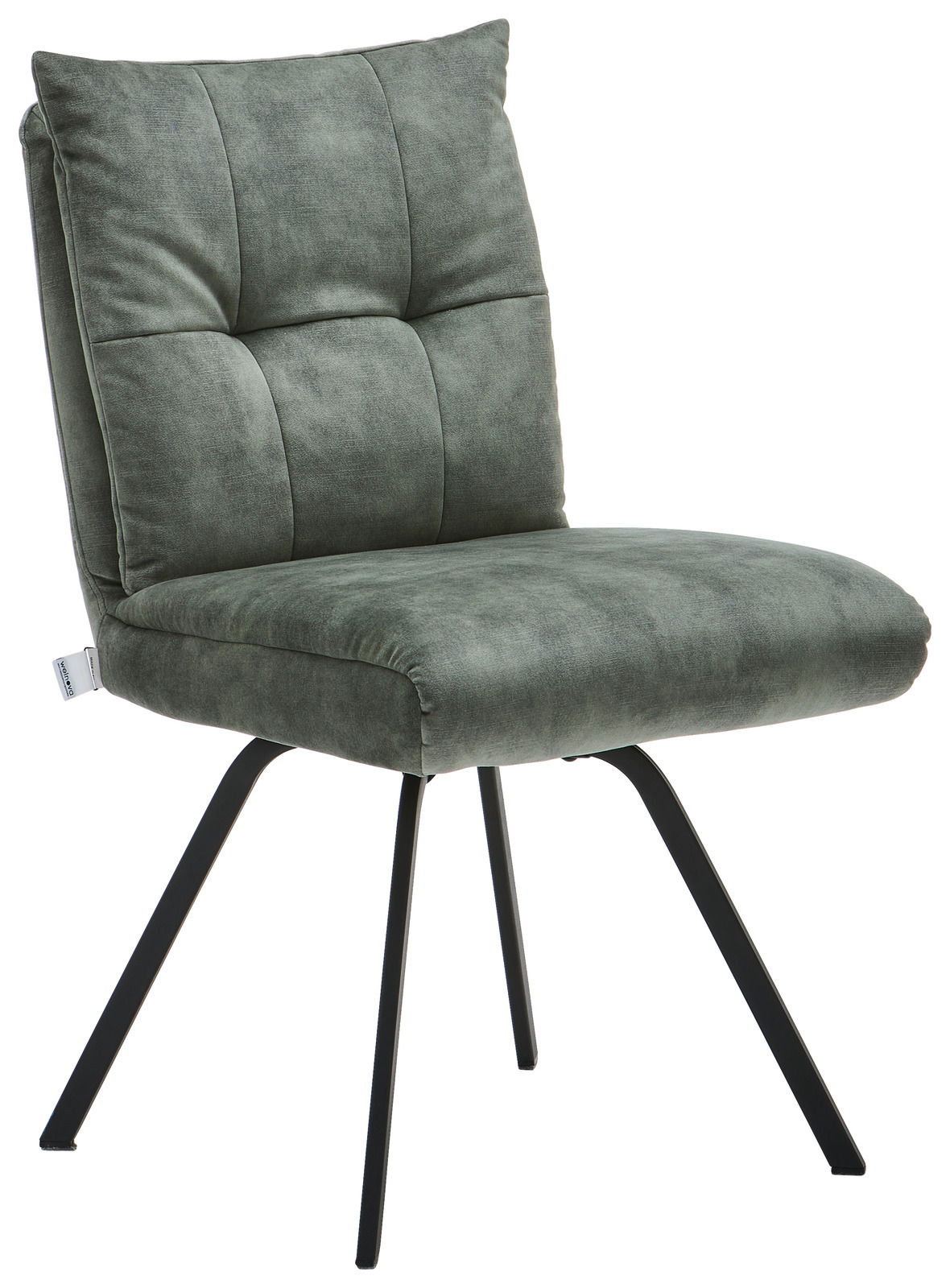 Moderner grüner Stuhl mit gepolsterter Rückenlehne und Sitzfläche, schwarzes Metallgestell, seitliche Perspektive