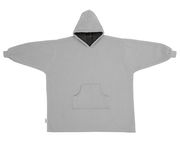 Grauer Lounge Hoodie mit Kapuze und Kängurutasche, ausgebreitet in Frontalansicht.