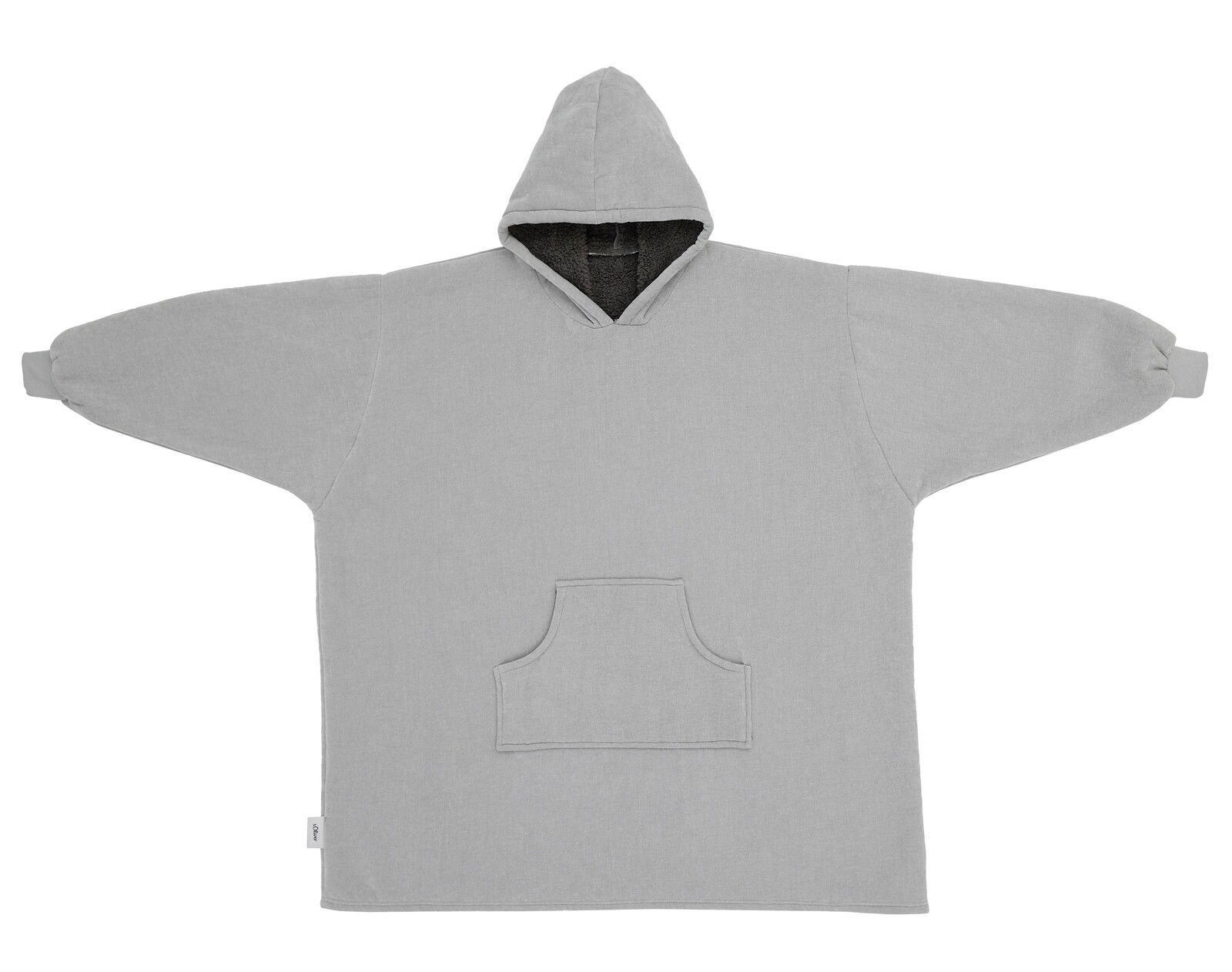 Grauer Lounge Hoodie mit Kapuze und Kängurutasche, ausgebreitet in Frontalansicht.