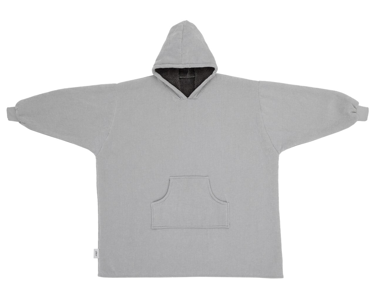 Grauer Lounge Hoodie mit Kapuze und Kängurutasche, ausgebreitet in Frontalansicht.