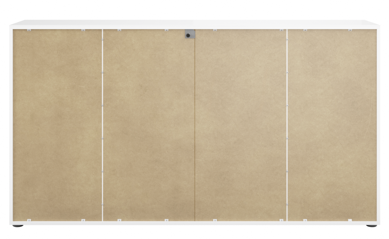 Rückansicht eines XL-Sideboards mit schlichter, beiger Rückwand und weißem Rahmen.