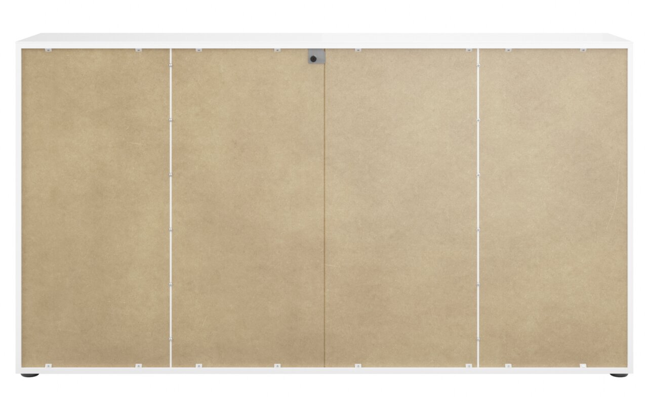 Achterkant van een XL-dressoir met een strakke, beige achterwand en een wit frame.