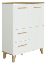 Weißes Highboard mit Holzbeinen und Holzgriffen, seitliche Perspektive