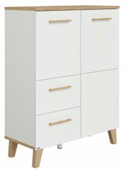 Wit hoogkastje met houten poten en houten handgrepen, zijaanzicht