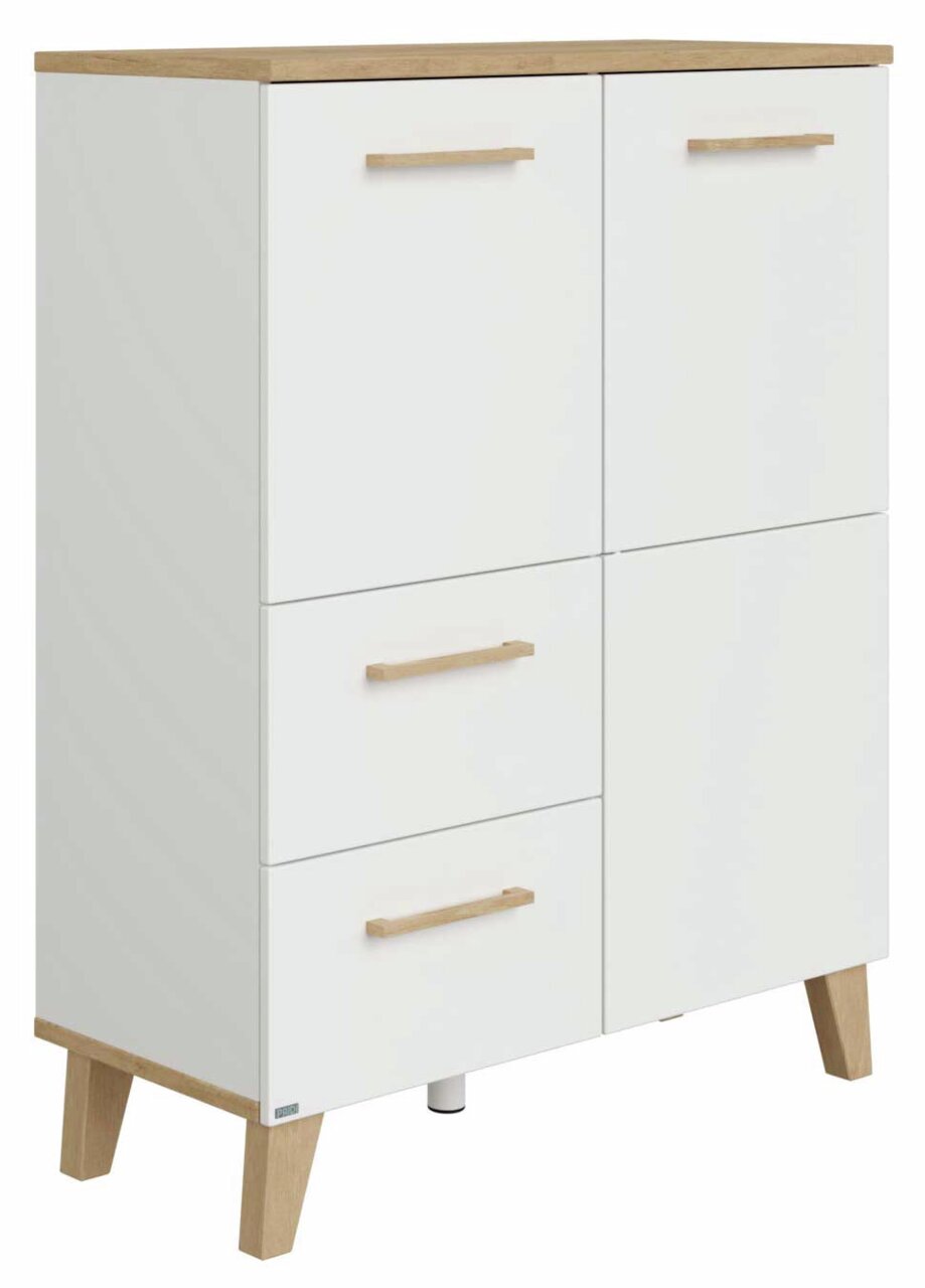Wit hoogkastje met houten poten en houten handgrepen, zijaanzicht