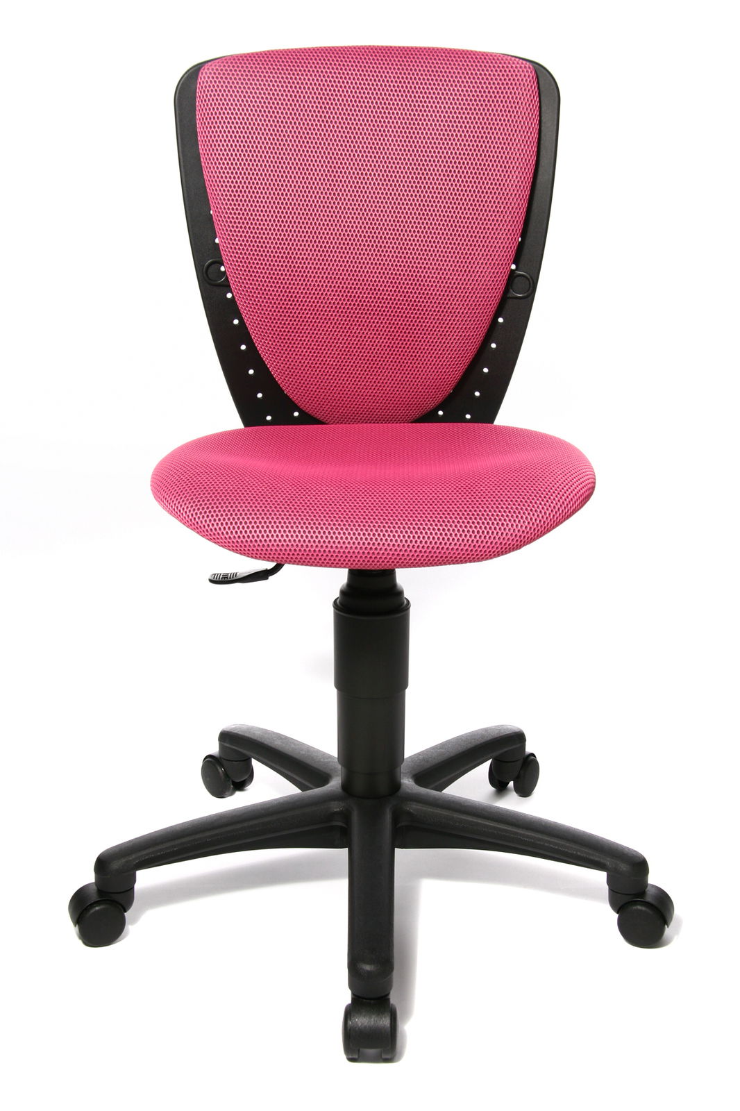 Pinkfarbener Kinder- und Jugendstuhl mit schwarzem Gestell, Vorderansicht