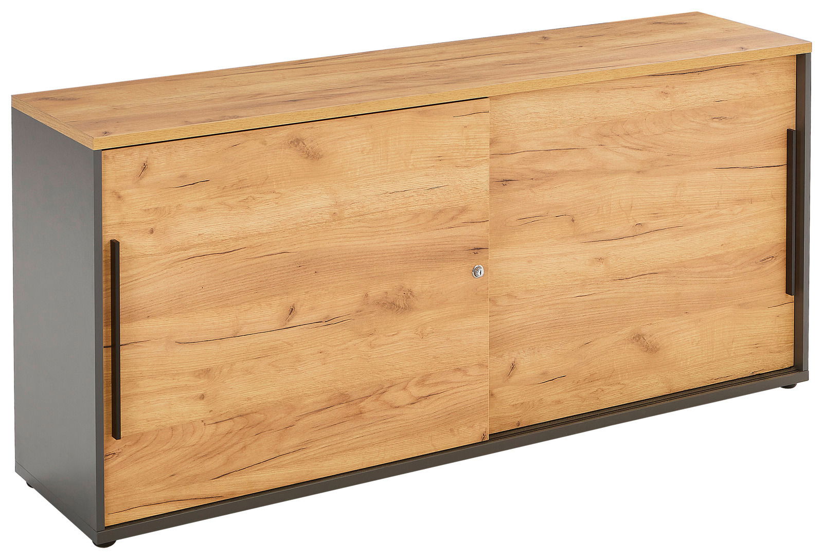 Schiebetürenschrank aus Holz mit natürlicher Maserung, seitliche Perspektive