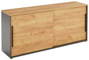 Schiebetürenschrank aus Holz mit natürlicher Maserung, seitliche Perspektive