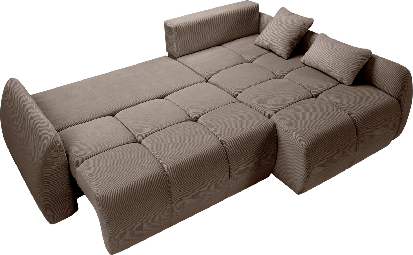 Eckschlafsofa in braunem Stoff, von oben betrachtet, mit zwei Kissen auf der rechten Seite.
