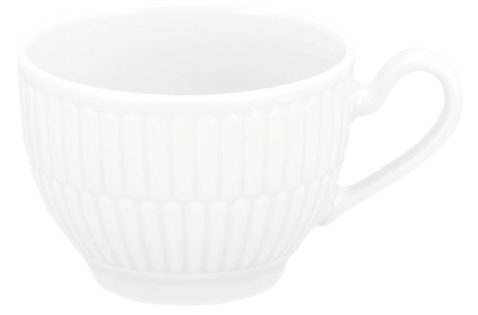 Weiße Espressotasse aus Porzellan mit geriffeltem Design, seitliche Perspektive