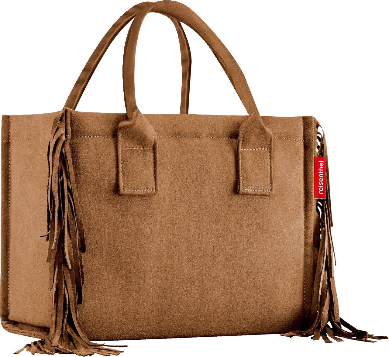 Braune Wildleder-Handtasche mit zwei Henkeln und Fransen an den Seiten, Frontansicht leicht schräg von vorn