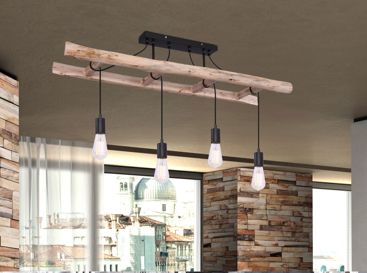 Deckenleuchte mit rustikalem Holzdesign und vier hängenden Glühbirnen, seitliche Perspektive