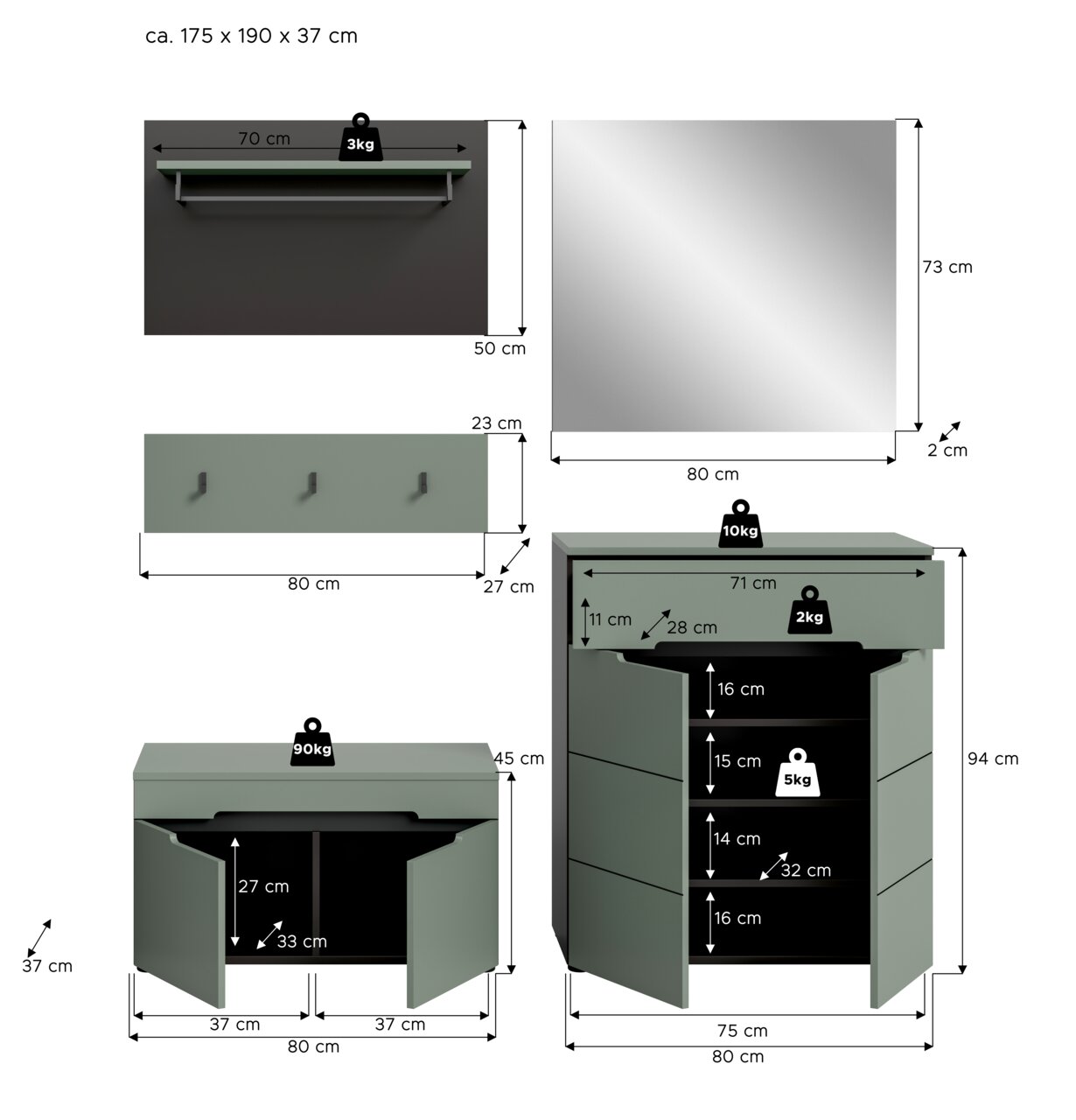 Maßgrafik eines graugrünen Garderoben-Sets mit Spiegel, Wandpaneel mit Haken, Schuhschrank und Kommode; verschiedene Ansichten (Front-, Seiten- und Draufsicht) mit eingezeichneten Maßen und Belastungsangaben.