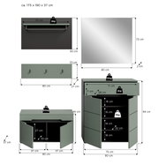 Maßgrafik eines graugrünen Garderoben-Sets mit Spiegel, Wandpaneel mit Haken, Schuhschrank und Kommode; verschiedene Ansichten (Front-, Seiten- und Draufsicht) mit eingezeichneten Maßen und Belastungsangaben.