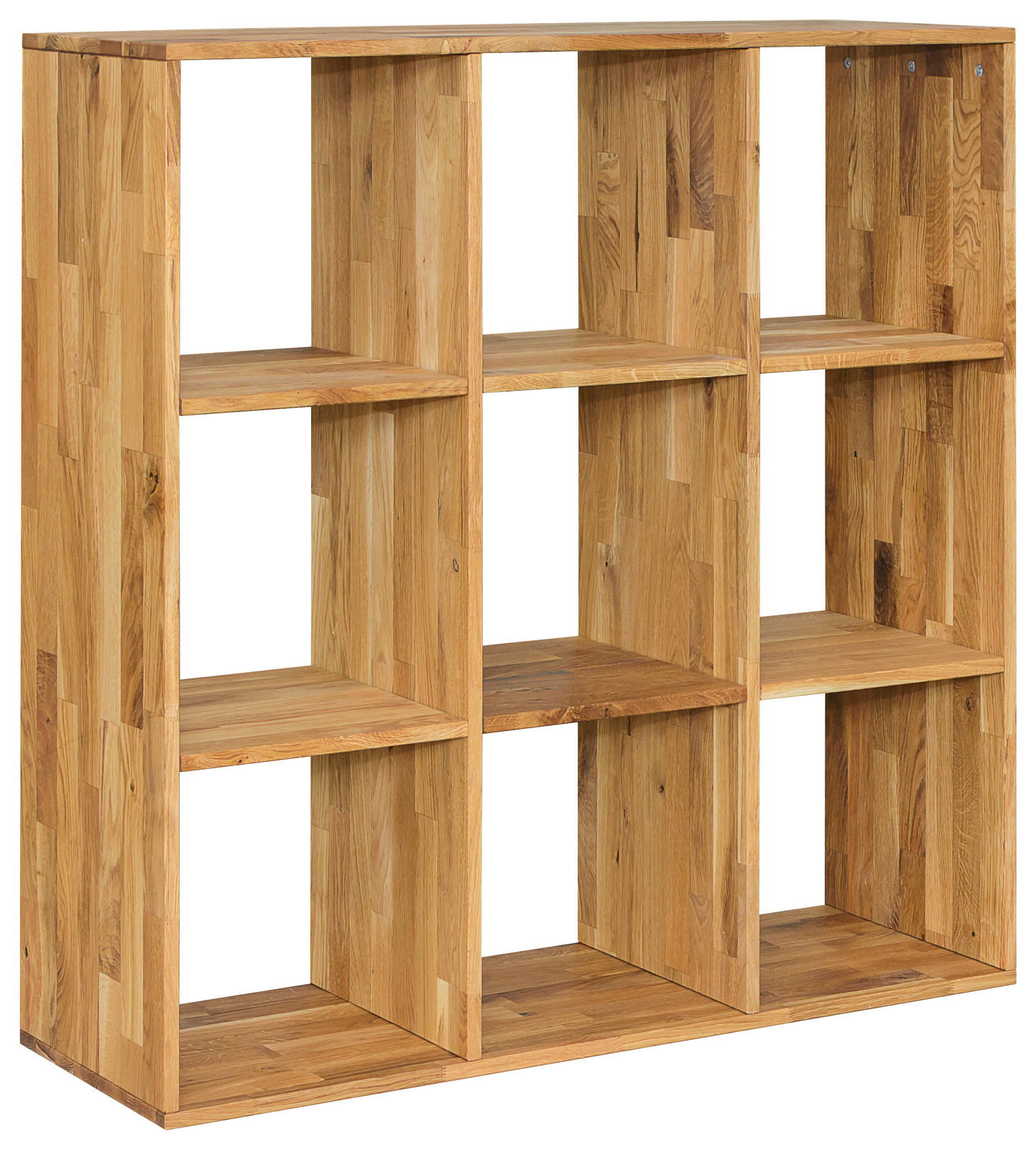 Holzregal 3x3 mit neun offenen Fächern, seitliche Perspektive