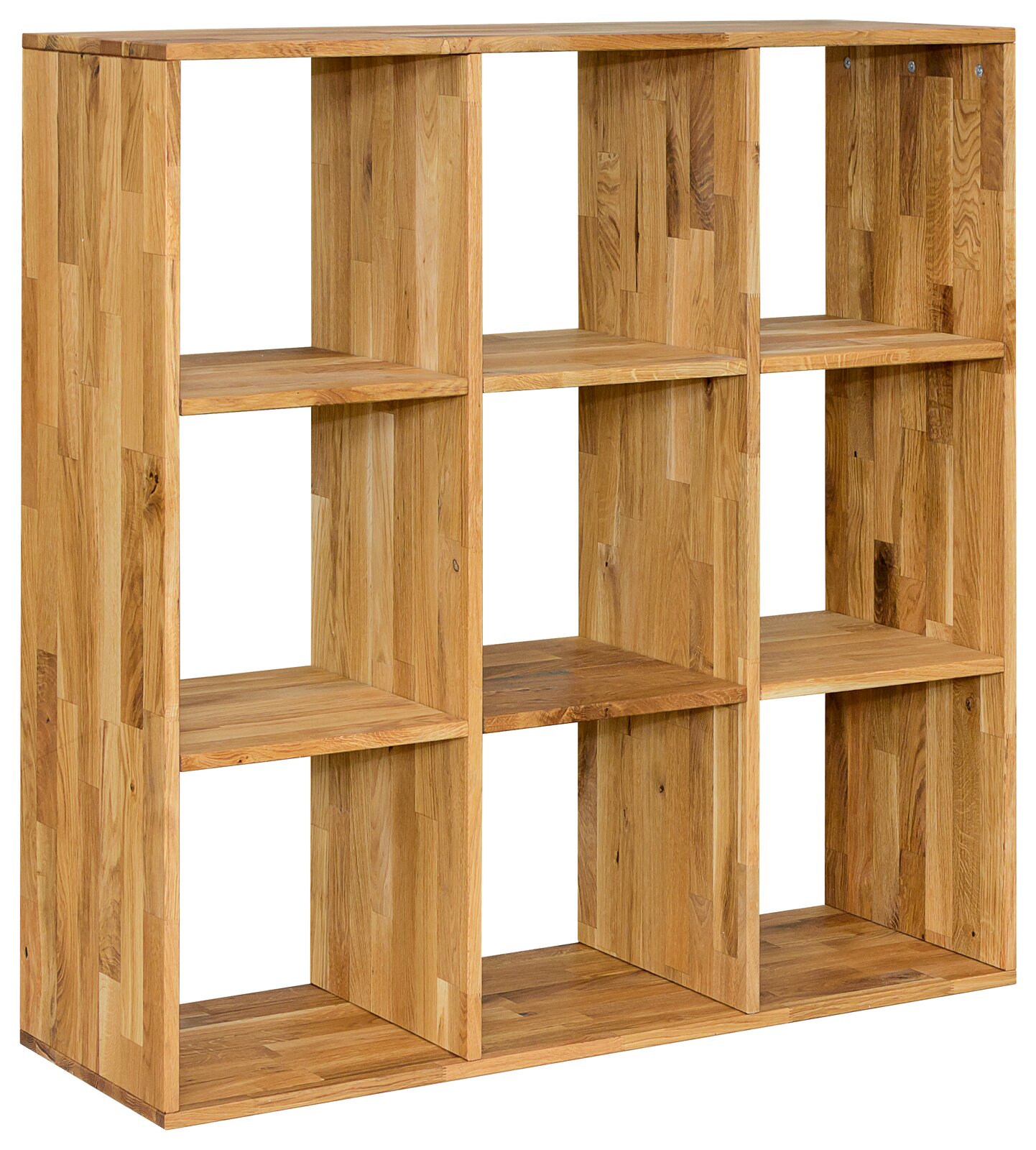 Holzregal 3x3 mit neun offenen Fächern, seitliche Perspektive
